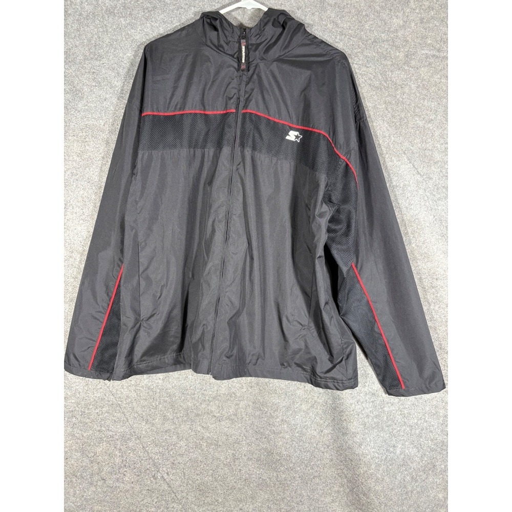 Starter Mens Windbreaker Jacket Black Red Hooded Full Zip Mesh Lined Large